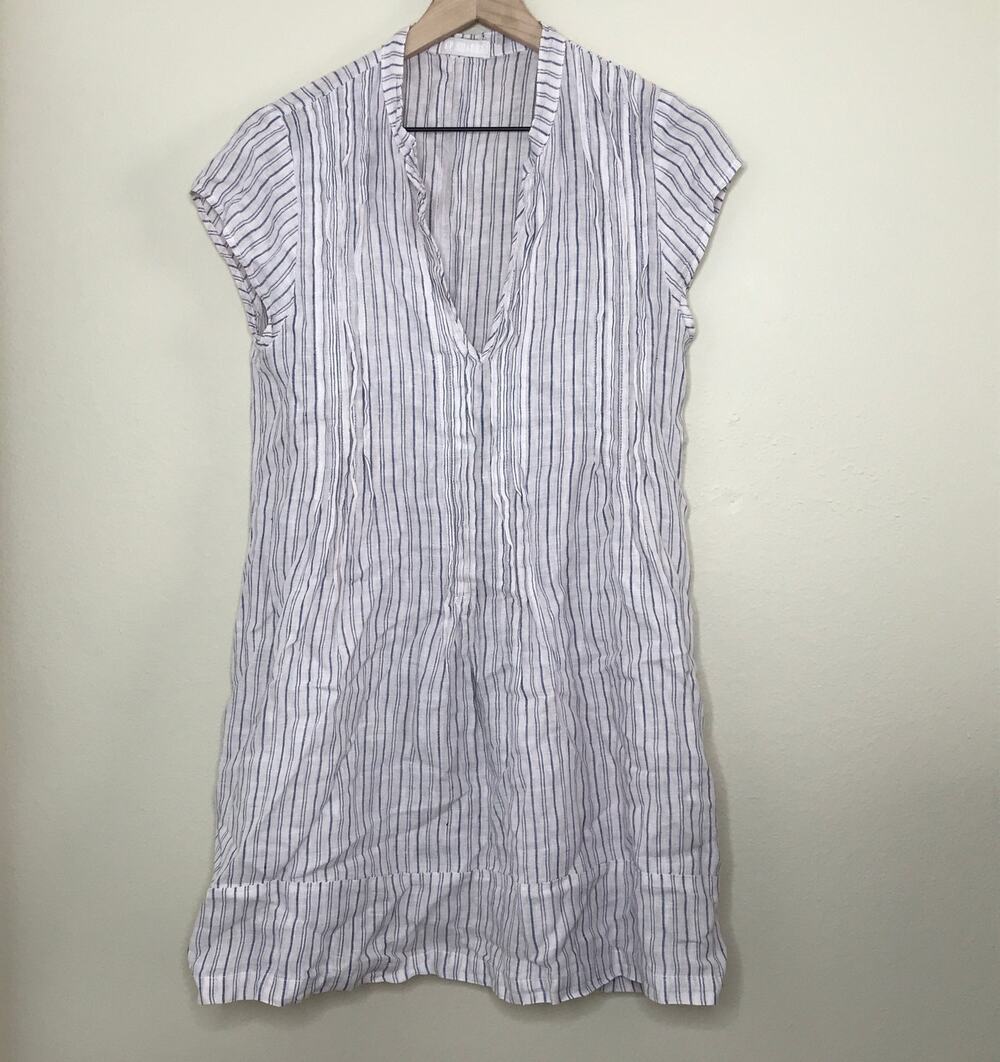 CP SHADES Regina Tunic Pink Striped Linen Coastal Beach Boho Cottage Pleated Cap